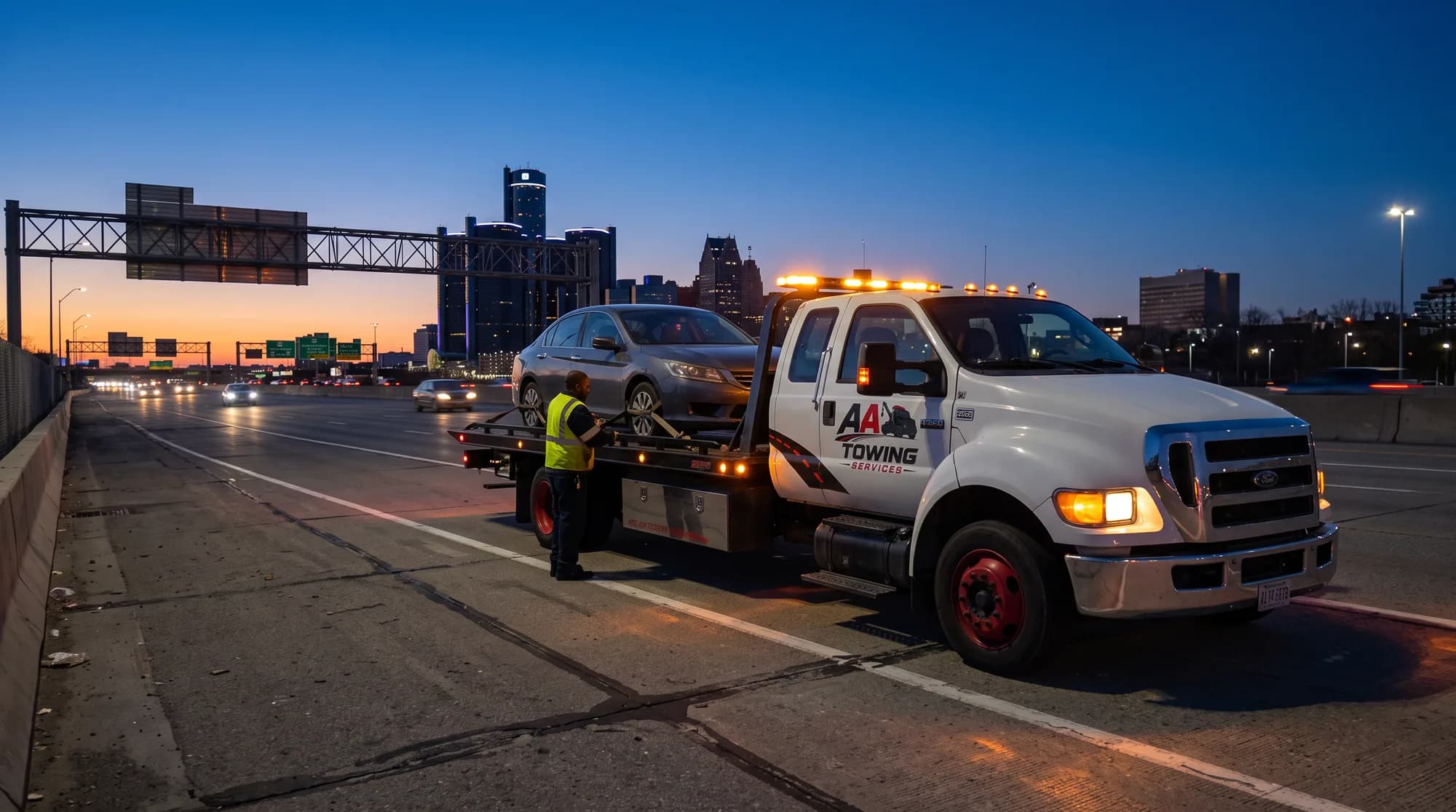 An AA Towing Services flatbed truck loading a car on an I-75 shoulder at dusk, with the Detroit skyline behind
