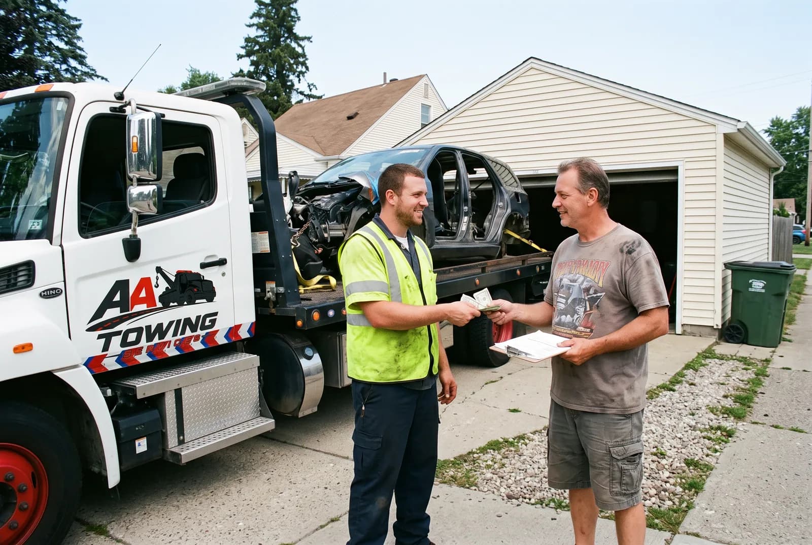 An AA Towing Services driver handing cash to a homeowner beside a junk car loaded on the flatbed